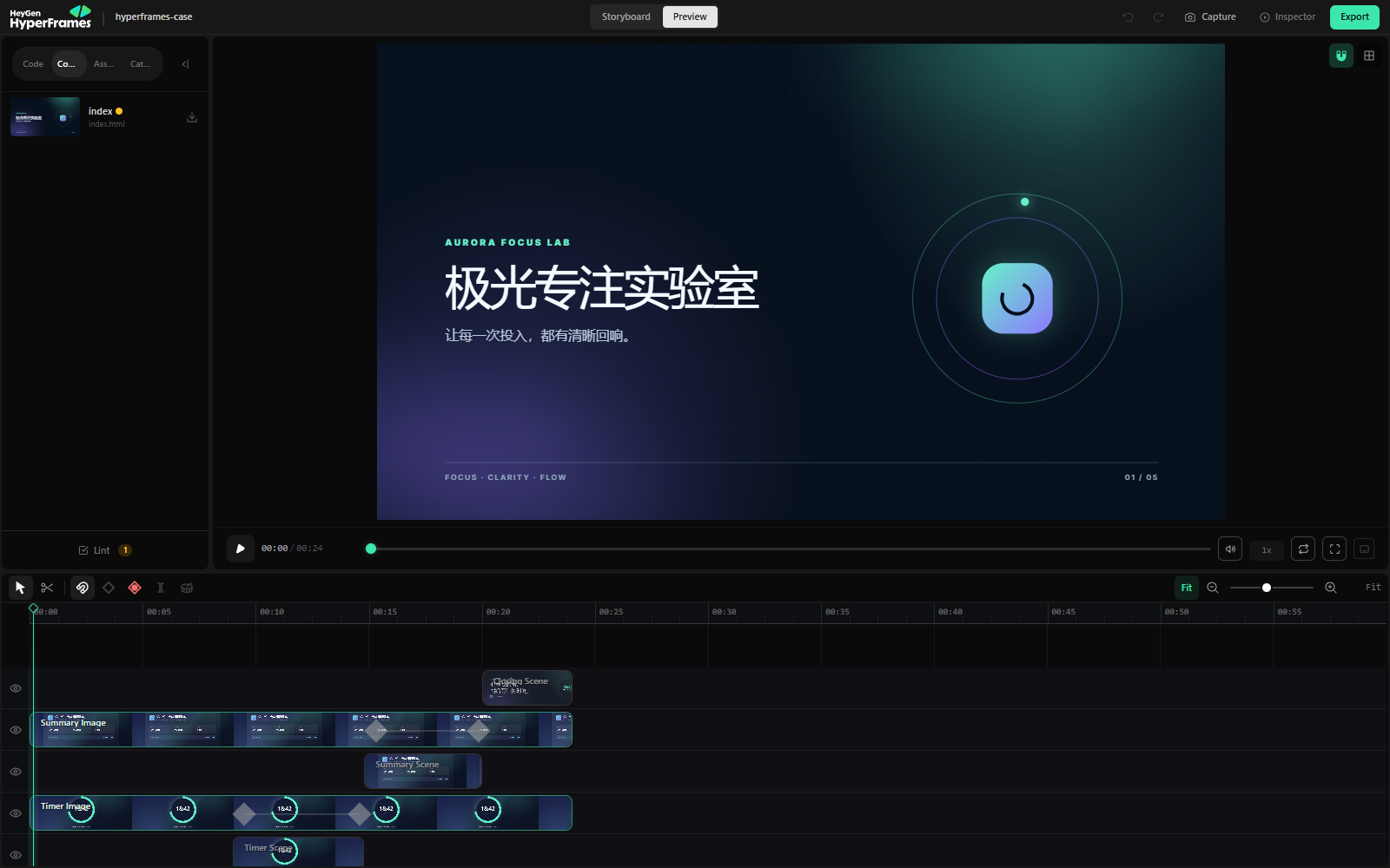 HyperFrames Studio 中的五镜头时间轴和视频预览